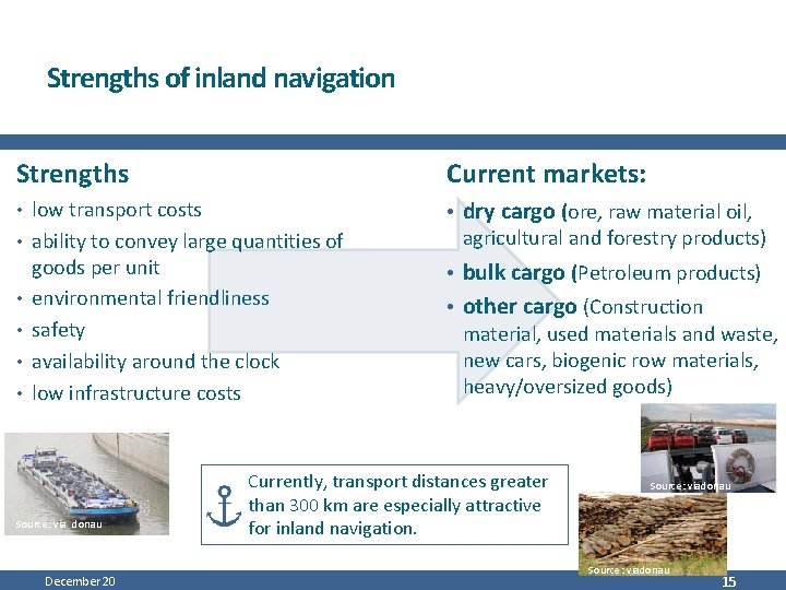 Strengths of inland navigation Strengths Current markets: • low transport costs • dry cargo