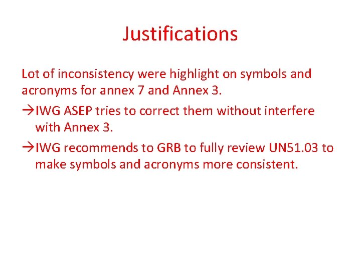 Justifications Lot of inconsistency were highlight on symbols and acronyms for annex 7 and