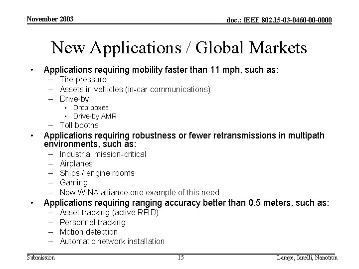 November 2003 doc. : IEEE 802. 15 -03 -0460 -00 -0000 New Applications /