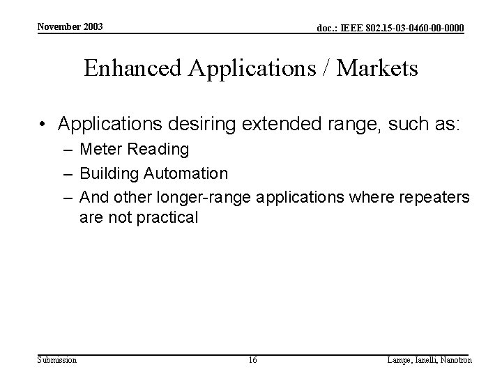 November 2003 doc. : IEEE 802. 15 -03 -0460 -00 -0000 Enhanced Applications /