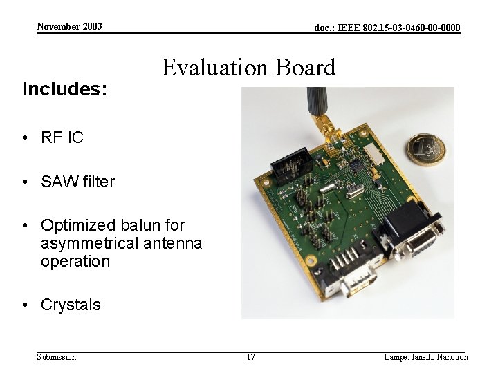 November 2003 Includes: doc. : IEEE 802. 15 -03 -0460 -00 -0000 Evaluation Board