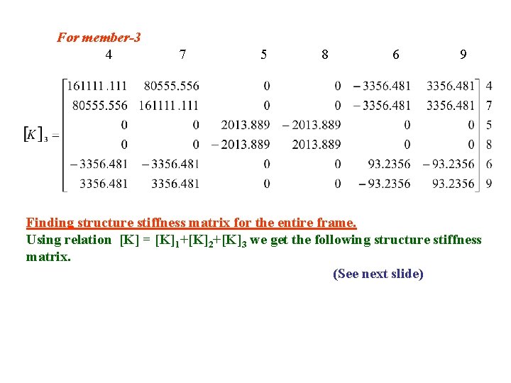 For member-3 4 7 5 8 6 9 Finding structure stiffness matrix for the