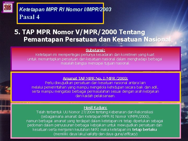 Ketetapan MPR RI Nomor I/MPR/2003 Pasal 4 5. TAP MPR Nomor V/MPR/2000 Tentang Pemantapan