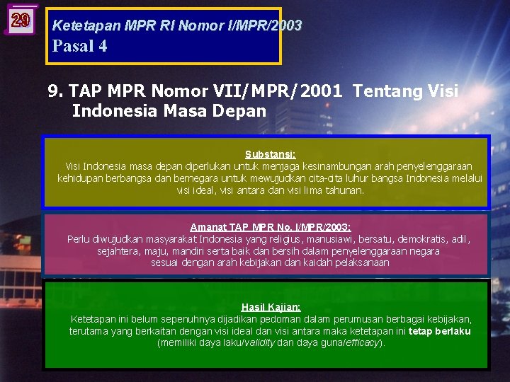 Ketetapan MPR RI Nomor I/MPR/2003 Pasal 4 9. TAP MPR Nomor VII/MPR/2001 Tentang Visi