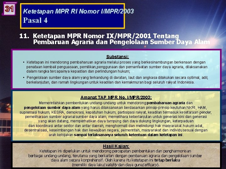 Ketetapan MPR RI Nomor I/MPR/2003 Pasal 4 11. Ketetapan MPR Nomor IX/MPR/2001 Tentang Pembaruan