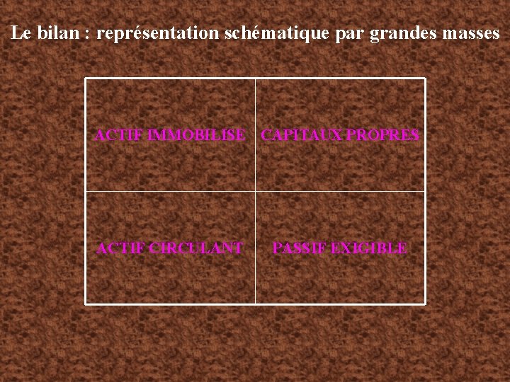 Le bilan : représentation schématique par grandes masses ACTIF IMMOBILISE CAPITAUX PROPRES ACTIF CIRCULANT