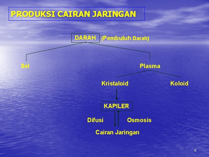 PRODUKSI CAIRAN JARINGAN DARAH (Pembuluh Darah) Sel Plasma Kristaloid Koloid KAPILER Difusi Osmosis Cairan