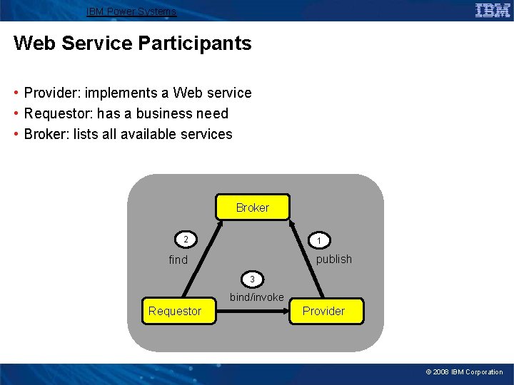 IBM Power Systems Web Service Participants • Provider: implements a Web service • Requestor: