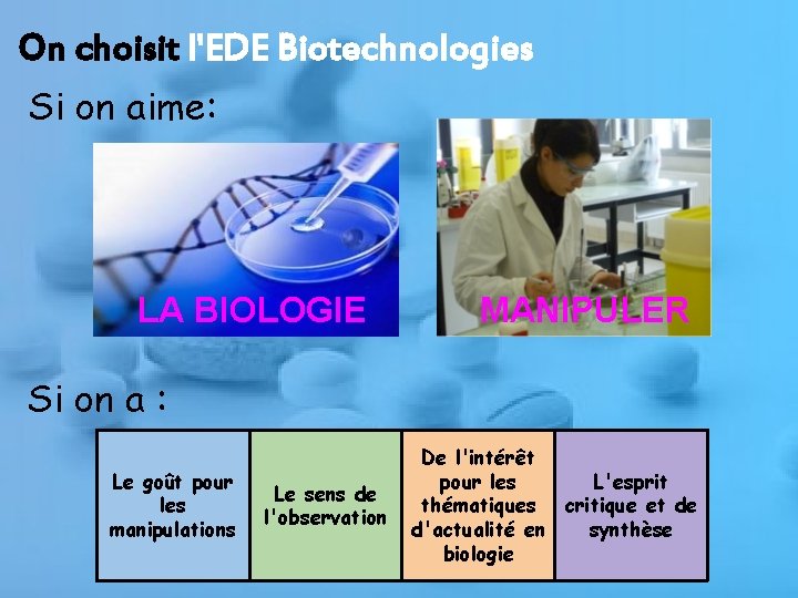 On choisit l'EDE Biotechnologies Si on aime: LA BIOLOGIE MANIPULER Si on a :