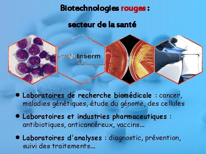 Biotechnologies rouges : secteur de la santé ●Laboratoires de recherche biomédicale : cancer, maladies