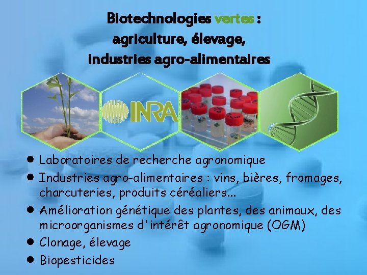 Biotechnologies vertes : agriculture, élevage, industries agro-alimentaires ●Laboratoires de recherche agronomique ●Industries agro-alimentaires :
