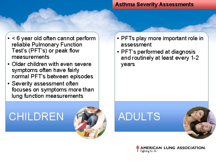 Asthma Severity Assessments • < 6 year old often cannot perform reliable Pulmonary Function