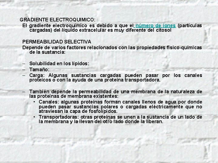 GRADIENTE ELECTROQUIMICO: El gradiente electroquímico es debido a que el número de iones (partículas