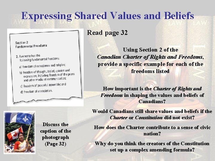 Expressing Shared Values and Beliefs Read page 32 Using Section 2 of the Canadian