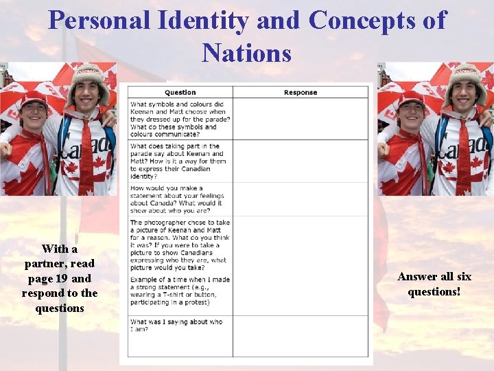 Personal Identity and Concepts of Nations With a partner, read page 19 and respond