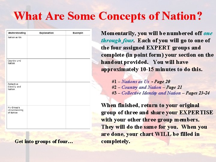 What Are Some Concepts of Nation? Momentarily, you will be numbered off one through