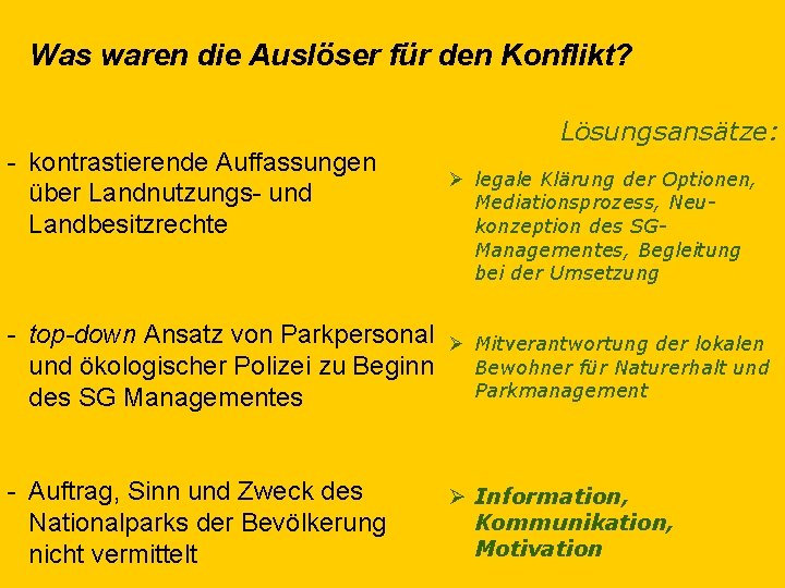 Was waren die Auslöser für den Konflikt? Lösungsansätze: - kontrastierende Auffassungen über Landnutzungs- und