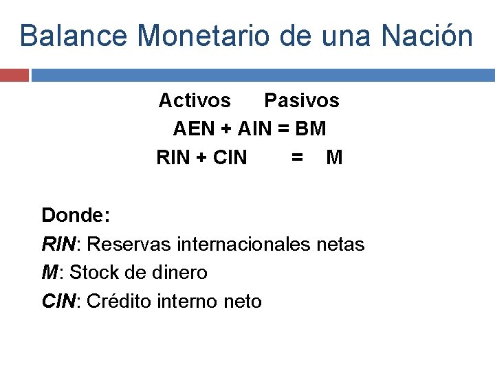 Balance Monetario de una Nación Activos Pasivos AEN + AIN = BM RIN +