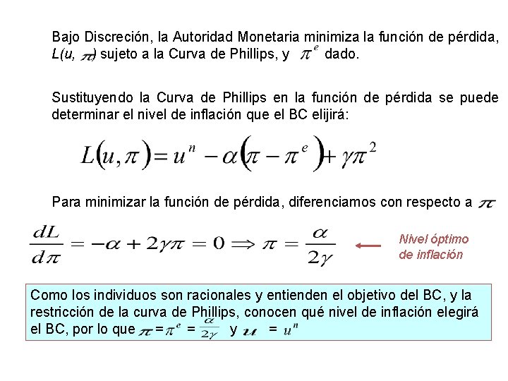 Bajo Discreción, la Autoridad Monetaria minimiza la función de pérdida, L(u, ) sujeto a