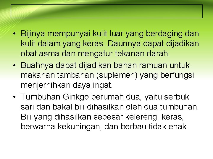  • Bijinya mempunyai kulit luar yang berdaging dan kulit dalam yang keras. Daunnya