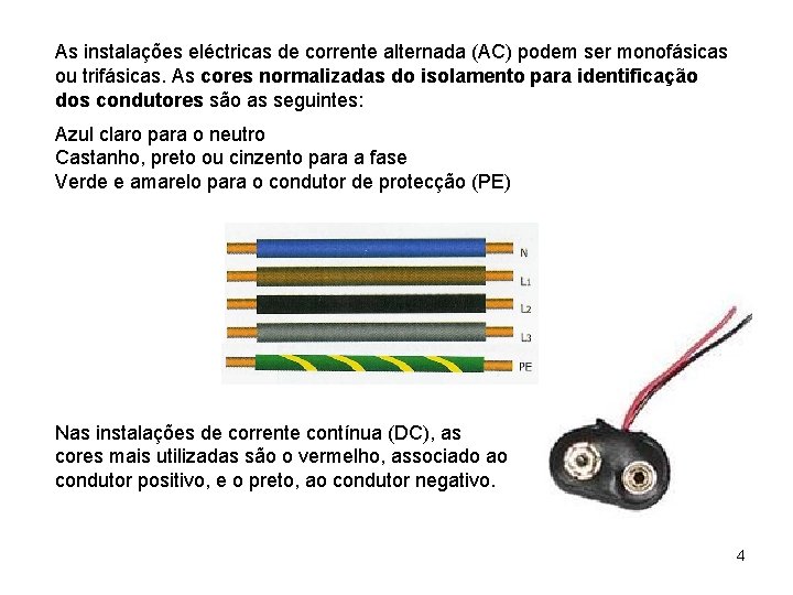 As instalações eléctricas de corrente alternada (AC) podem ser monofásicas ou trifásicas. As cores