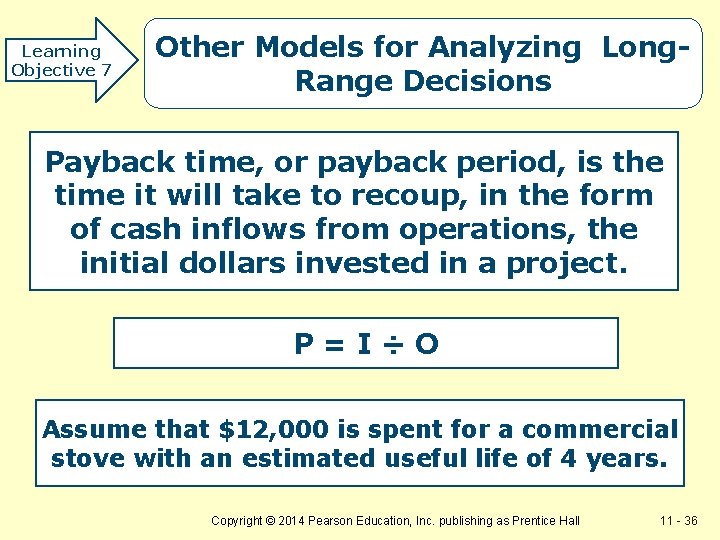 Learning Objective 7 Other Models for Analyzing Long. Range Decisions Payback time, or payback