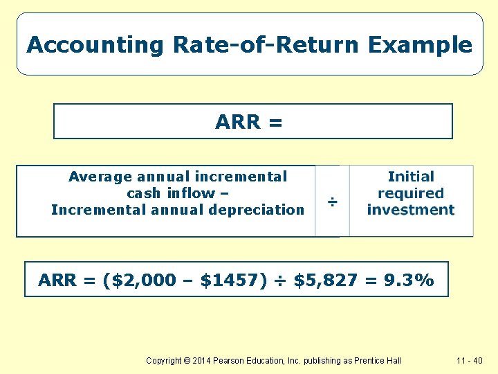 Accounting Rate-of-Return Example ARR = Average annual incremental cash inflow – Incremental annual depreciation