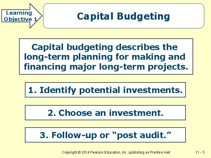 Learning Objective 1 Capital Budgeting Capital budgeting describes the long-term planning for making and