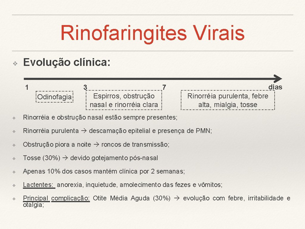 Rinofaringites Virais ❖ Evolução clínica: 1 3 Odinofagia 7 Espirros, obstrução nasal e rinorréia