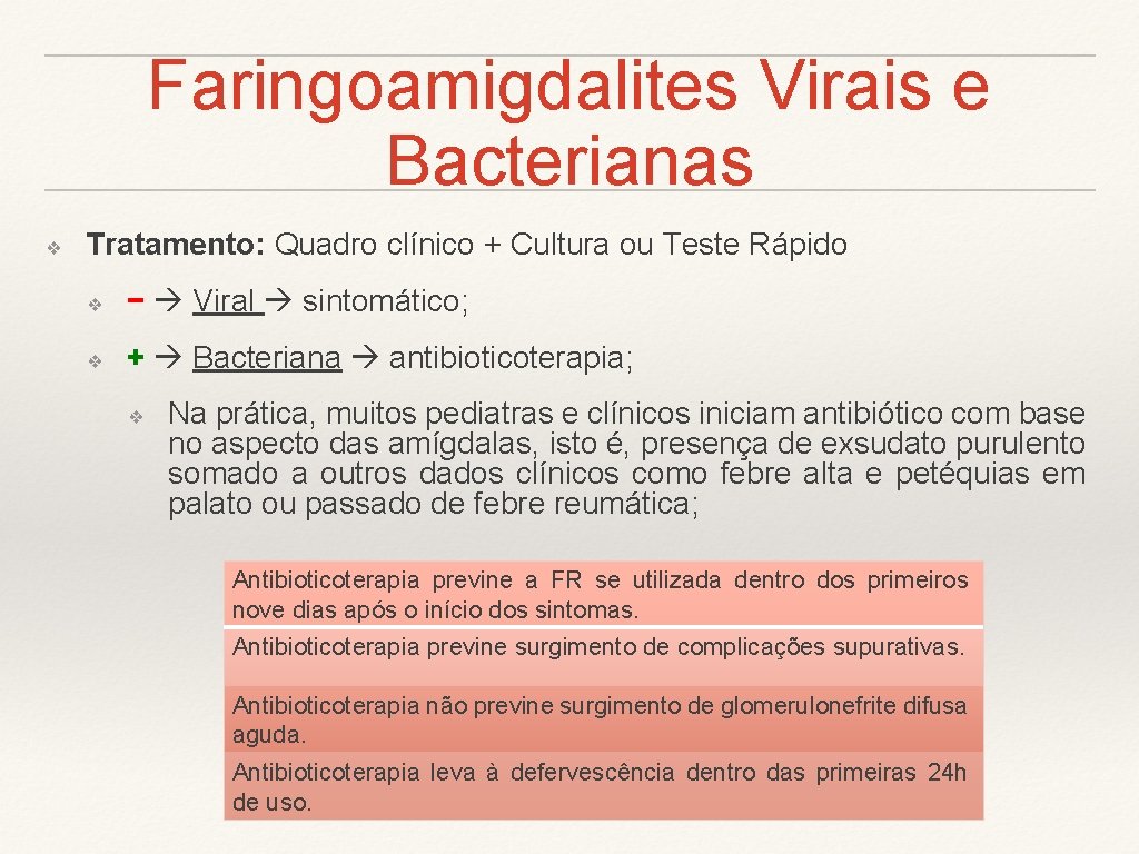 Faringoamigdalites Virais e Bacterianas ❖ Tratamento: Quadro clínico + Cultura ou Teste Rápido ❖