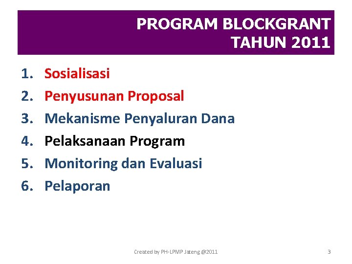 PROGRAM BLOCKGRANT TAHUN 2011 1. 2. 3. 4. 5. 6. Sosialisasi Penyusunan Proposal Mekanisme