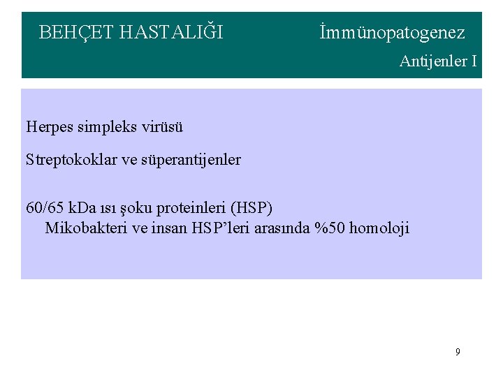 BEHÇET HASTALIĞI İmmünopatogenez Antijenler I Herpes simpleks virüsü Streptokoklar ve süperantijenler 60/65 k. Da