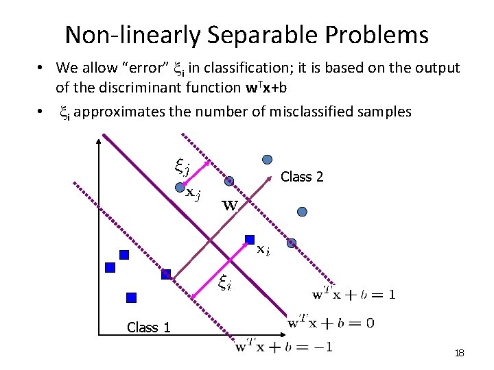 Non-linearly Separable Problems • We allow “error” xi in classification; it is based on