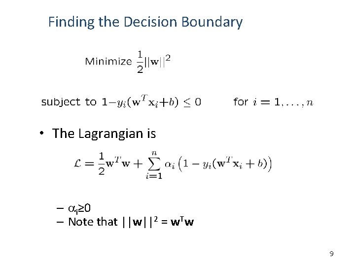 Finding the Decision Boundary • The Lagrangian is – ai≥ 0 – Note that