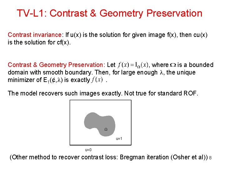 TV-L 1: Contrast & Geometry Preservation Contrast invariance: If u(x) is the solution for