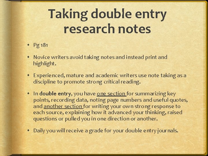 Taking double entry research notes Pg 181 Novice writers avoid taking notes and instead