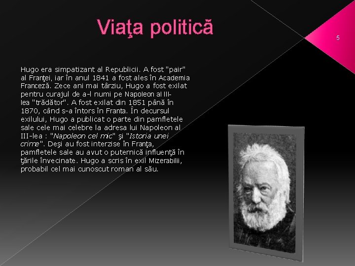 Viaţa politică Hugo era simpatizant al Republicii. A fost "pair" al Franţei, iar în