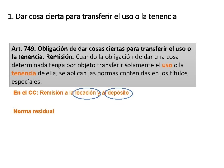 1. Dar cosa cierta para transferir el uso o la tenencia Art. 749. Obligación