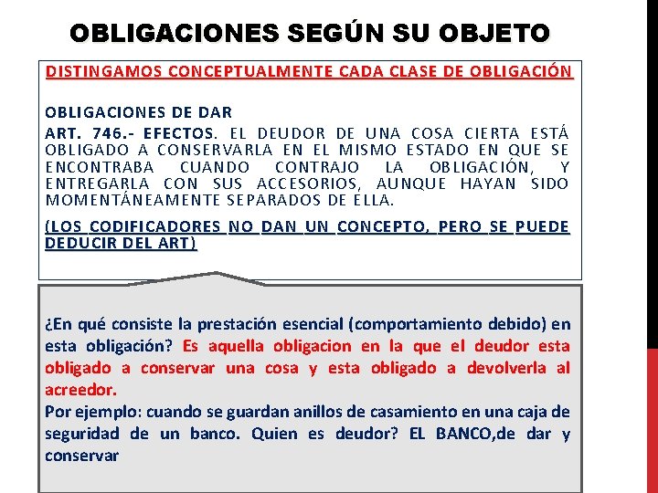 OBLIGACIONES SEGÚN SU OBJETO DISTINGAMOS CONCEPTUALMENTE CADA CLASE DE OBLIGACIÓN OBLIGACIONES DE DAR ART.