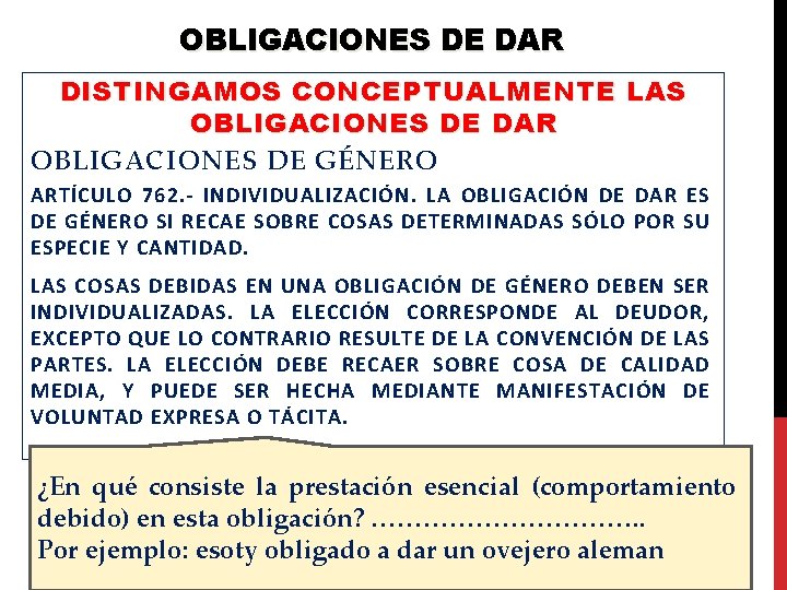 OBLIGACIONES DE DAR DISTINGAMOS CONCEPTUALMENTE LAS OBLIGACIONES DE DAR OBLIGACIONES DE GÉNERO ARTÍCULO 762.