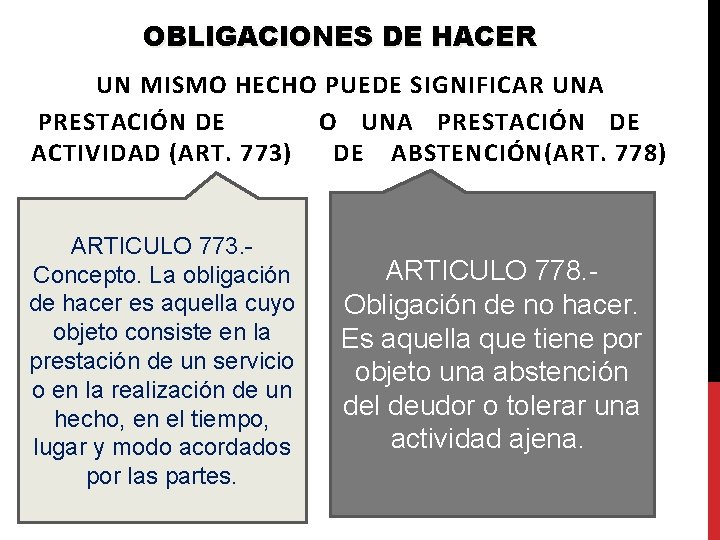 OBLIGACIONES DE HACER UN MISMO HECHO PUEDE SIGNIFICAR UNA PRESTACIÓN DE O UNA PRESTACIÓN