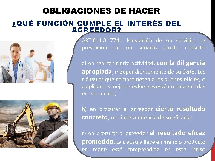 OBLIGACIONES DE HACER ¿QUÉ FUNCIÓN CUMPLE EL INTERÉS DEL ACREEDOR? ARTICULO 774. - Prestación