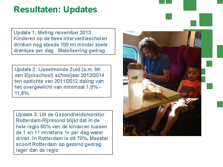 Resultaten: Updates Update 1: Meting november 2013 Kinderen op de twee interventiescholen drinken nog