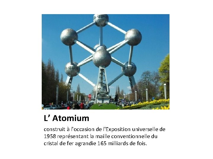 L’ Atomium construit à l'occasion de l'Exposition universelle de 1958 représentant la maille conventionnelle