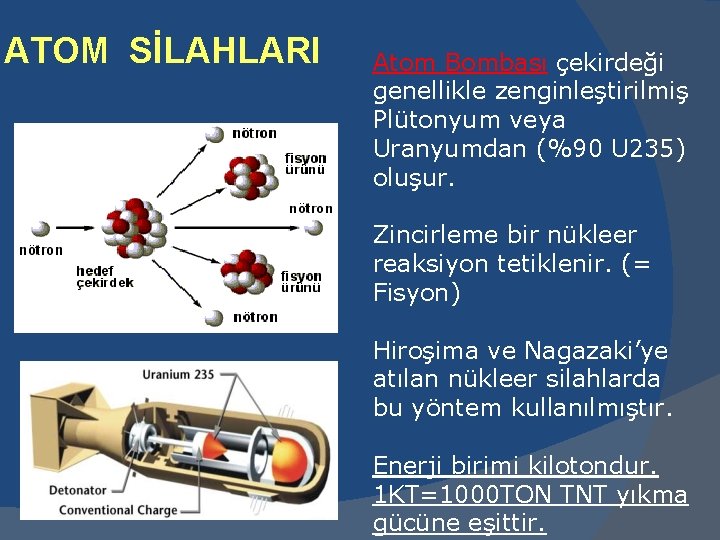ATOM SİLAHLARI Atom Bombası çekirdeği genellikle zenginleştirilmiş Plütonyum veya Uranyumdan (%90 U 235) oluşur.