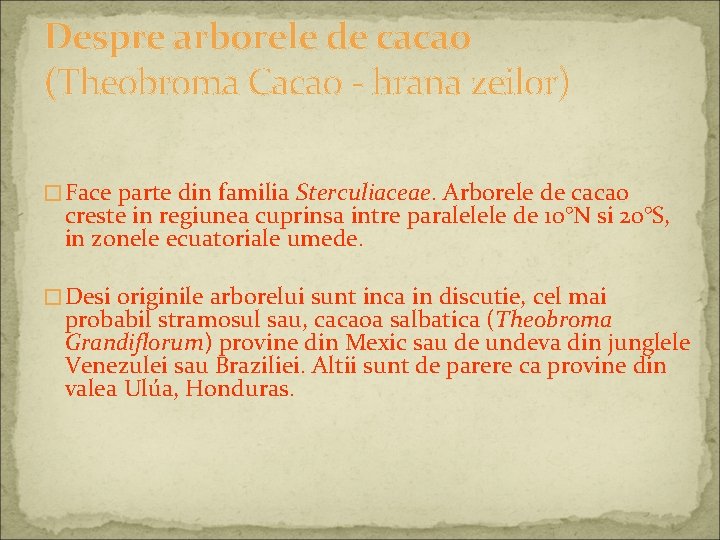 Despre arborele de cacao (Theobroma Cacao - hrana zeilor) �Face parte din familia Sterculiaceae.