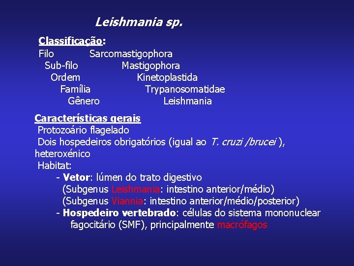  Leishmania sp. Classificação: Filo Sarcomastigophora Sub-filo Mastigophora Ordem Kinetoplastida Família Trypanosomatidae Gênero Leishmania
