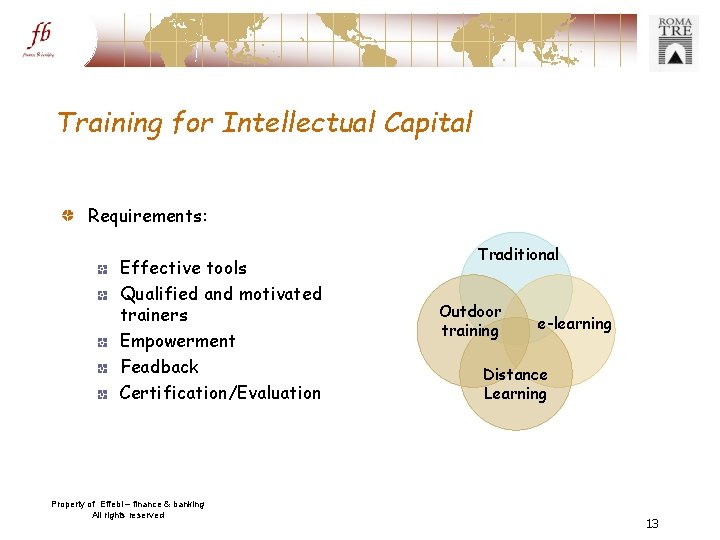 Training for Intellectual Capital Requirements: Effective tools Qualified and motivated trainers Empowerment Feadback Certification/Evaluation