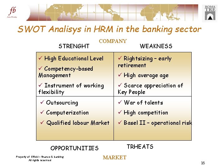 SWOT Analisys in HRM in the banking sector STRENGHT COMPANY ü High Educational Level