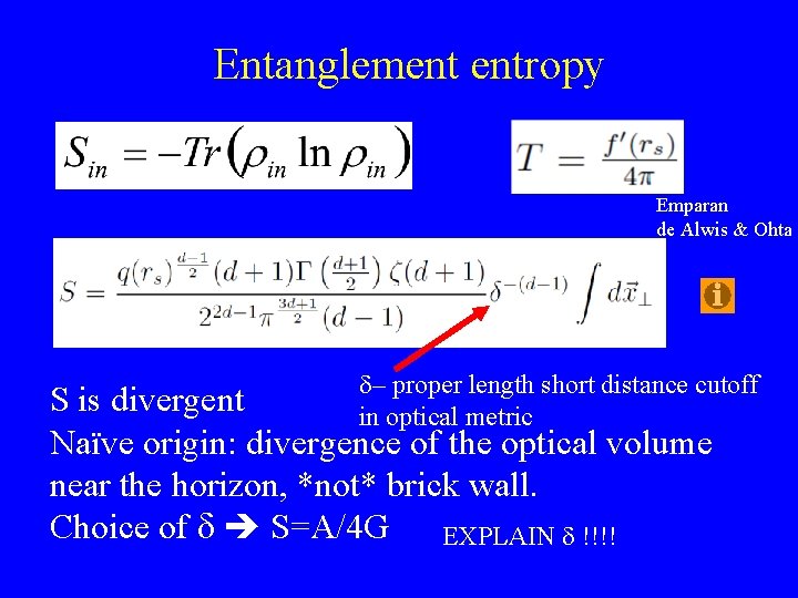 Entanglement entropy Emparan de Alwis & Ohta d– proper length short distance cutoff in